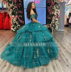 Misshow Exquisite Emerald Green Ball Gown Off-Shoulder Gold Beaded Quinceanera Dress with Tiered Ruffles for Sweet 16 & Formal Evenings