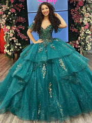 Misshow Exquisite Emerald Green Ball Gown Off-Shoulder Gold Beaded Quinceanera Dress with Tiered Ruffles for Sweet 16 & Formal Evenings