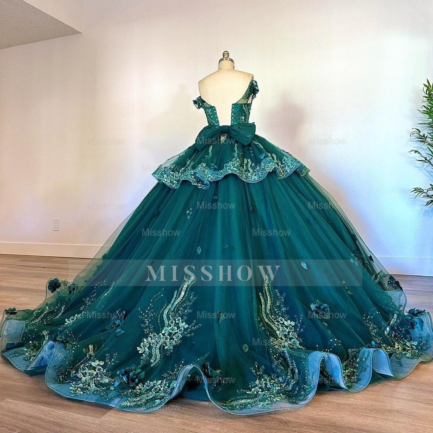 Misshow Exquisite Emerald Green Ball Gown Off-Shoulder Lace Applique Tiered Tulle Skirt with Sweep Train for Quinceanera & Sweet 16