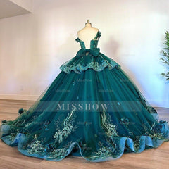 Misshow Exquisite Emerald Green Ball Gown Off-Shoulder Lace Applique Tiered Tulle Skirt with Sweep Train for Quinceanera & Sweet 16