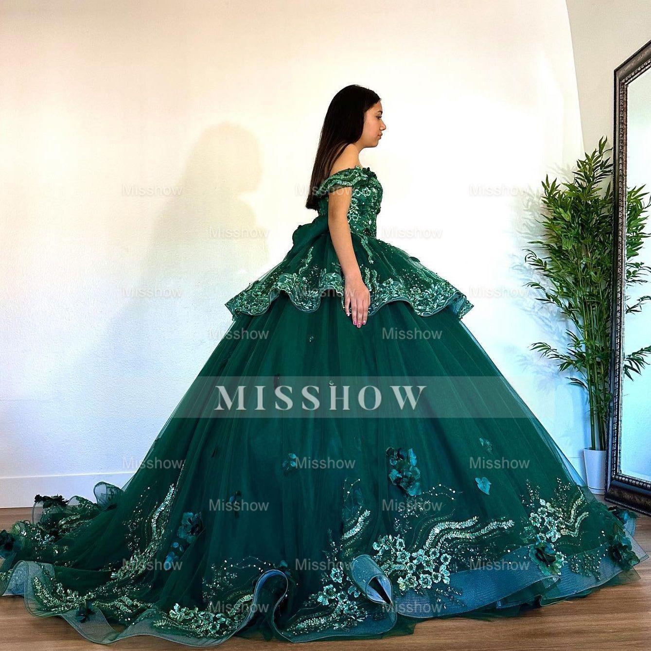 Misshow Exquisite Emerald Green Ball Gown Off-Shoulder Lace Applique Tiered Tulle Skirt with Sweep Train for Quinceanera & Sweet 16