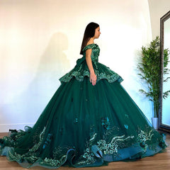 Misshow Exquisite Emerald Green Ball Gown Off-Shoulder Lace Applique Tiered Tulle Skirt with Sweep Train for Quinceanera & Sweet 16