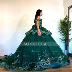 Misshow Exquisite Emerald Green Ball Gown Off-Shoulder Lace Applique Tiered Tulle Skirt with Sweep Train for Quinceanera & Sweet 16