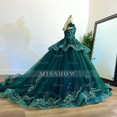 Misshow Exquisite Emerald Green Ball Gown Off-Shoulder Lace Applique Tiered Tulle Skirt with Sweep Train for Quinceanera & Sweet 16