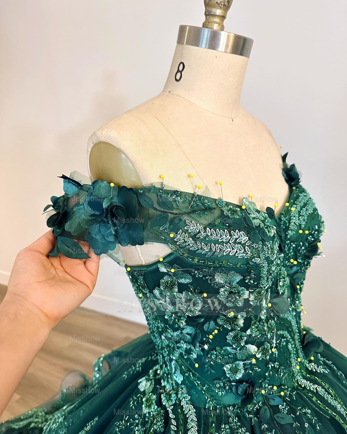 Misshow Exquisite Emerald Green Ball Gown Off-Shoulder Lace Applique Tiered Tulle Skirt with Sweep Train for Quinceanera & Sweet 16