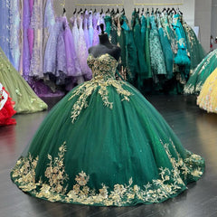 Misshow Exquisite Emerald Green Ball Gown Strapless 3D Floral Tulle Quinceanera Dress for Sweet 16 & Special Occasions