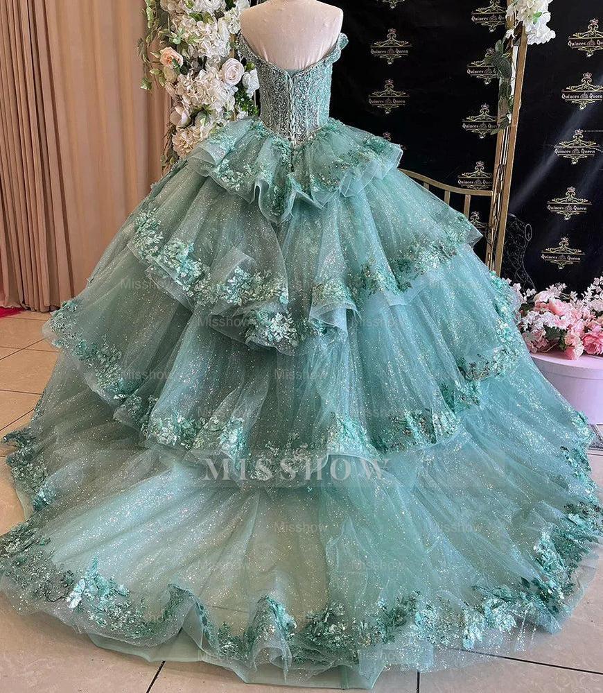 Misshow Exquisite Emerald Green Ball Gown Sweetheart Off-Shoulder Lace Tiered Tulle Quinceanera Dress with Beaded Details for Sweet 16