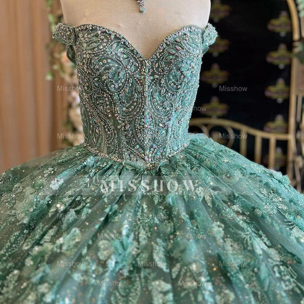 Misshow Exquisite Emerald Green Ball Gown Sweetheart Off-Shoulder Lace Tiered Tulle Quinceanera Dress with Beaded Details for Sweet 16