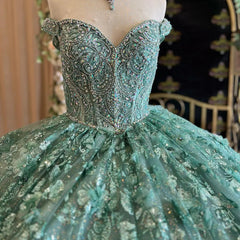 Misshow Exquisite Emerald Green Ball Gown Sweetheart Off-Shoulder Lace Tiered Tulle Quinceanera Dress with Beaded Details for Sweet 16
