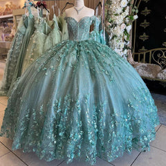 Misshow Exquisite Emerald Green Ball Gown Sweetheart Off-Shoulder Lace Tiered Tulle Quinceanera Dress with Beaded Details for Sweet 16