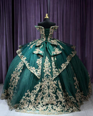 Misshow Exquisite Emerald Green Quinceanera Dress Off-Shoulder Gold Lace Ball Gown with Beaded Applique & Tiered Ruffles for Sweet 16 & Princess Weddings