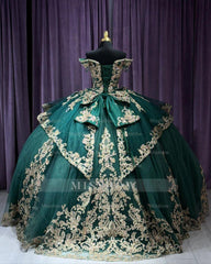 Misshow Exquisite Emerald Green Quinceanera Dress Off-Shoulder Gold Lace Ball Gown with Beaded Applique & Tiered Ruffles for Sweet 16 & Princess Weddings