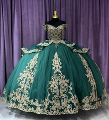 Misshow Exquisite Emerald Green Quinceanera Dress Off-Shoulder Gold Lace Ball Gown with Beaded Applique & Tiered Ruffles for Sweet 16 & Princess Weddings