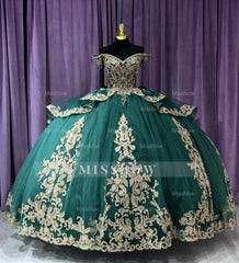 Misshow Exquisite Emerald Green Quinceanera Dress Off-Shoulder Gold Lace Ball Gown with Beaded Applique & Tiered Ruffles for Sweet 16 & Princess Weddings