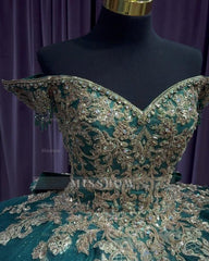 Misshow Exquisite Emerald Green Quinceanera Dress Off-Shoulder Gold Lace Ball Gown with Beaded Applique & Tiered Ruffles for Sweet 16 & Princess Weddings
