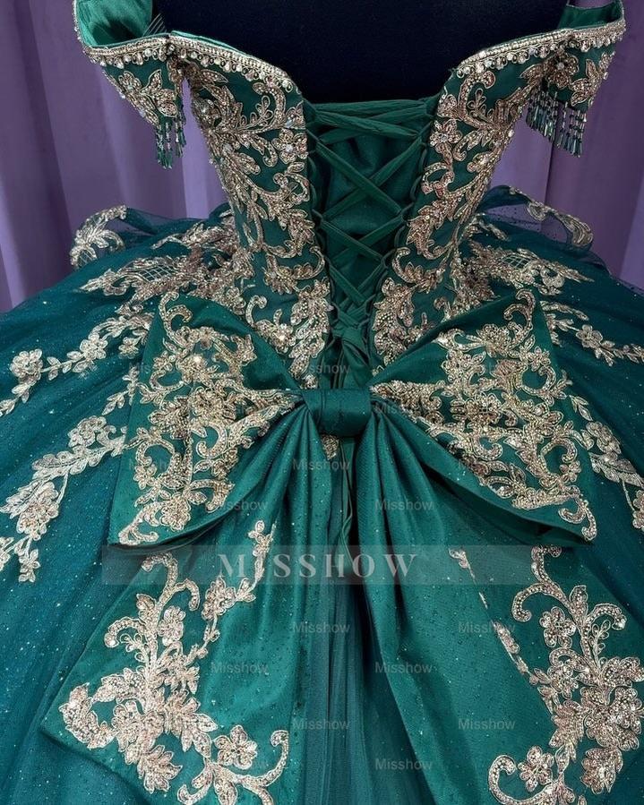 Misshow Exquisite Emerald Green Quinceanera Dress Off-Shoulder Gold Lace Ball Gown with Beaded Applique & Tiered Ruffles for Sweet 16 & Princess Weddings