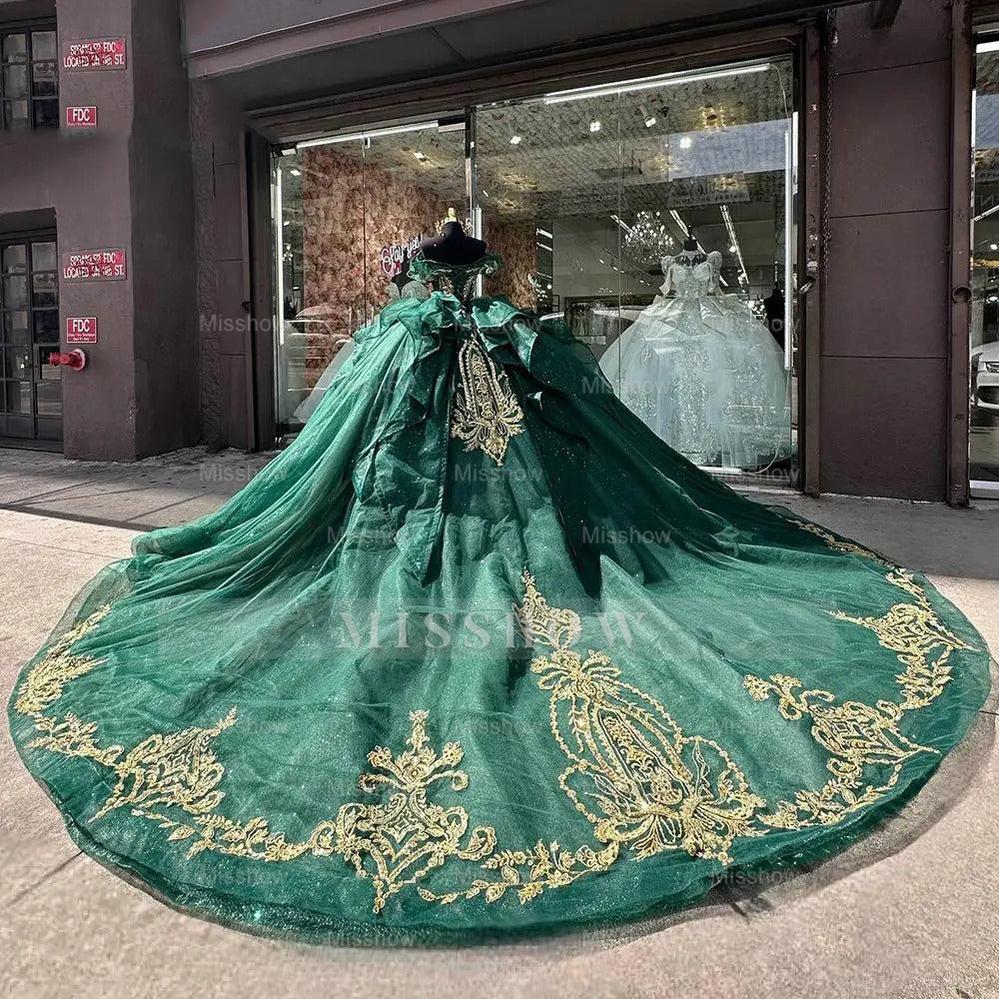 Misshow Exquisite Emerald Green Quinceanera Dress Off-Shoulder Gold Lace Ball Gown with Beaded Ruffles & Tulle Skirt for Sweet 16 or Princess Birthday