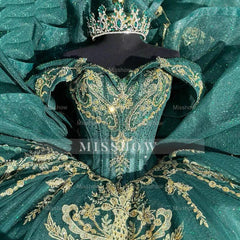 Misshow Exquisite Emerald Green Quinceanera Dress Off-Shoulder Gold Lace Ball Gown with Beaded Ruffles & Tulle Skirt for Sweet 16 or Princess Birthday