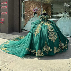 Misshow Exquisite Emerald Green Quinceanera Dress Off-Shoulder Gold Lace Ball Gown with Beaded Ruffles & Tulle Skirt for Sweet 16 or Princess Birthday
