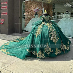 Misshow Exquisite Emerald Green Quinceanera Dress Off-Shoulder Gold Lace Ball Gown with Beaded Ruffles & Tulle Skirt for Sweet 16 or Princess Birthday
