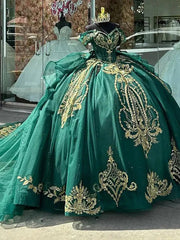 Misshow Exquisite Emerald Green Quinceanera Dress Off-Shoulder Gold Lace Ball Gown with Beaded Ruffles & Tulle Skirt for Sweet 16 or Princess Birthday