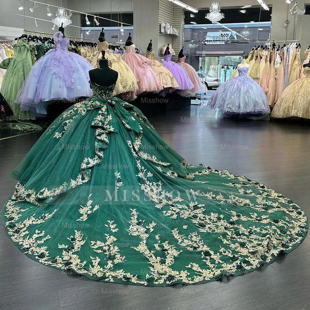 Misshow Exquisite Emerald Green Tulle Quinceanera Dress Strapless Ball Gown with 3D Floral Appliques & Bow Detail for Sweet 16