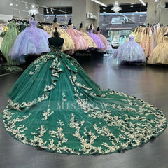 Misshow Exquisite Emerald Green Tulle Quinceanera Dress Strapless Ball Gown with 3D Floral Appliques & Bow Detail for Sweet 16