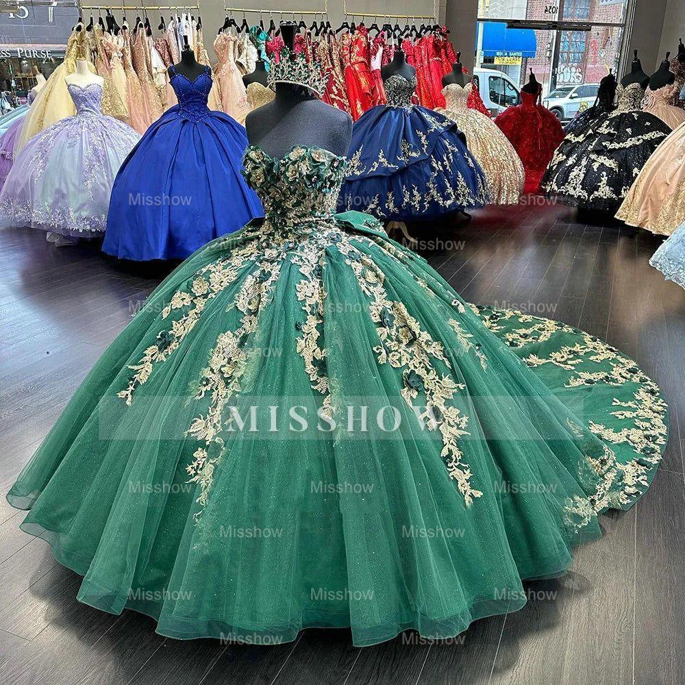 Misshow Exquisite Emerald Green Tulle Quinceanera Dress Strapless Ball Gown with 3D Floral Appliques & Bow Detail for Sweet 16