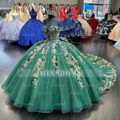 Misshow Exquisite Emerald Green Tulle Quinceanera Dress Strapless Ball Gown with 3D Floral Appliques & Bow Detail for Sweet 16