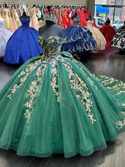 Misshow Exquisite Emerald Green Tulle Quinceanera Dress Strapless Ball Gown with 3D Floral Appliques & Bow Detail for Sweet 16