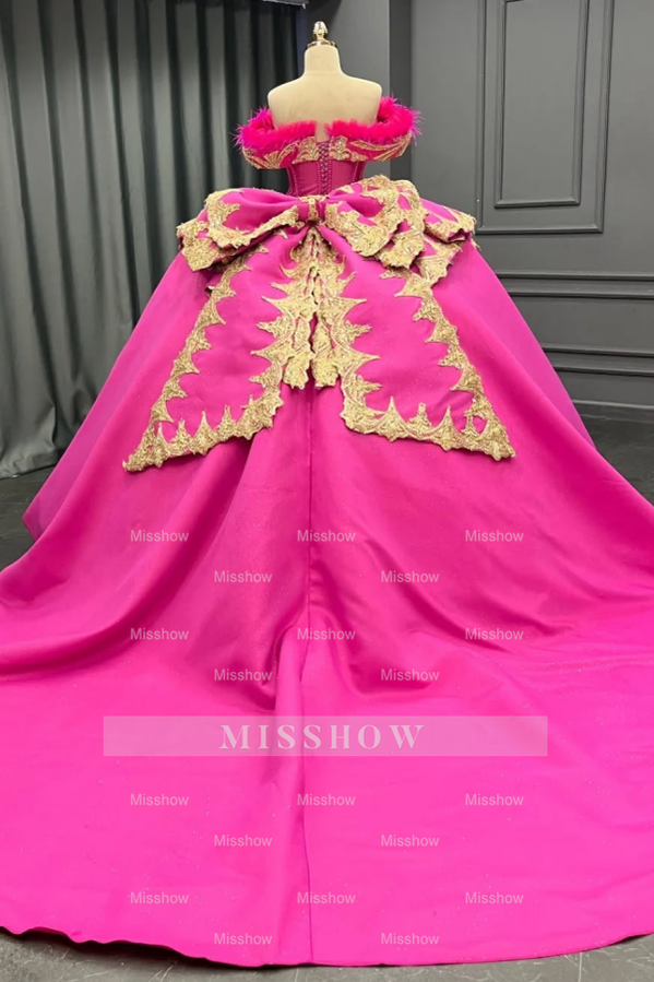 Misshow Exquisite Fuchsia Satin Quinceanera Dress Off-Shoulder Ball Gown with Beaded Feather Gold Appliques for Sweet 16 & Evening Galas