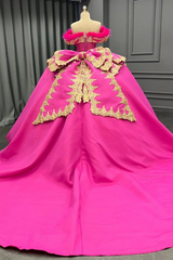 Misshow Exquisite Fuchsia Satin Quinceanera Dress Off-Shoulder Ball Gown with Beaded Feather Gold Appliques for Sweet 16 & Evening Galas