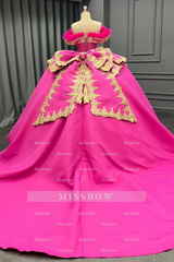 Misshow Exquisite Fuchsia Satin Quinceanera Dress Off-Shoulder Ball Gown with Beaded Feather Gold Appliques for Sweet 16 & Evening Galas