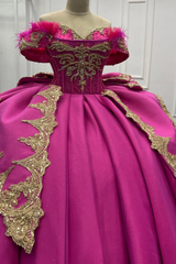 Misshow Exquisite Fuchsia Satin Quinceanera Dress Off-Shoulder Ball Gown with Beaded Feather Gold Appliques for Sweet 16 & Evening Galas