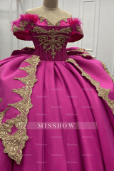 Misshow Exquisite Fuchsia Satin Quinceanera Dress Off-Shoulder Ball Gown with Beaded Feather Gold Appliques for Sweet 16 & Evening Galas