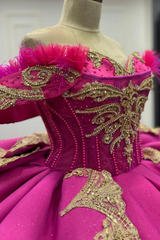 Misshow Exquisite Fuchsia Satin Quinceanera Dress Off-Shoulder Ball Gown with Beaded Feather Gold Appliques for Sweet 16 & Evening Galas