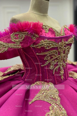 Misshow Exquisite Fuchsia Satin Quinceanera Dress Off-Shoulder Ball Gown with Beaded Feather Gold Appliques for Sweet 16 & Evening Galas