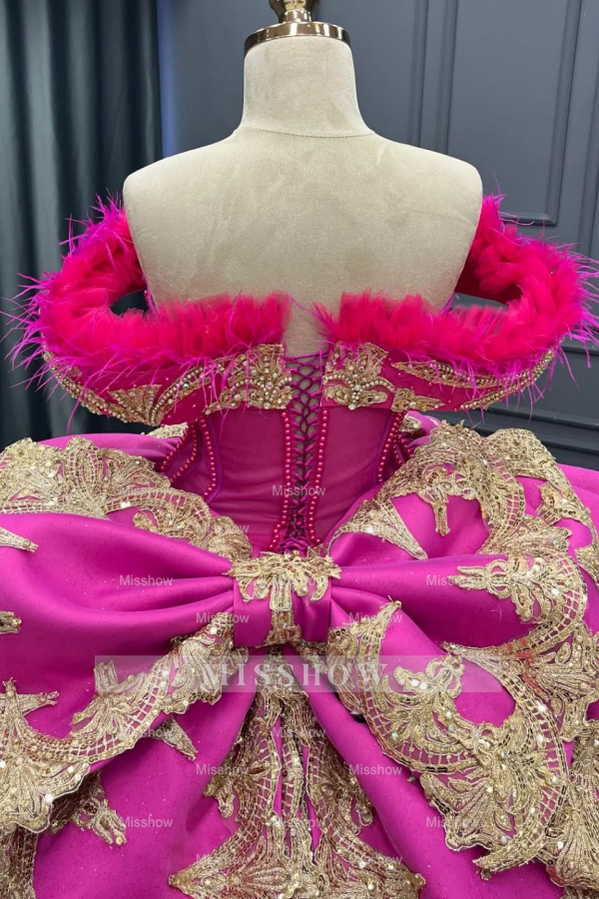Misshow Exquisite Fuchsia Satin Quinceanera Dress Off-Shoulder Ball Gown with Beaded Feather Gold Appliques for Sweet 16 & Evening Galas