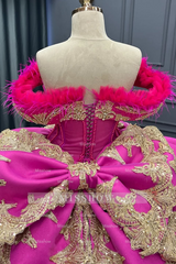 Misshow Exquisite Fuchsia Satin Quinceanera Dress Off-Shoulder Ball Gown with Beaded Feather Gold Appliques for Sweet 16 & Evening Galas