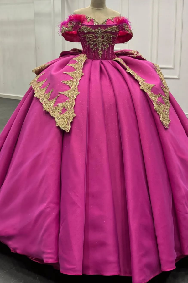 Misshow Exquisite Fuchsia Satin Quinceanera Dress Off-Shoulder Ball Gown with Beaded Feather Gold Appliques for Sweet 16 & Evening Galas