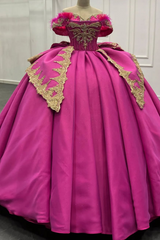 Misshow Exquisite Fuchsia Satin Quinceanera Dress Off-Shoulder Ball Gown with Beaded Feather Gold Appliques for Sweet 16 & Evening Galas