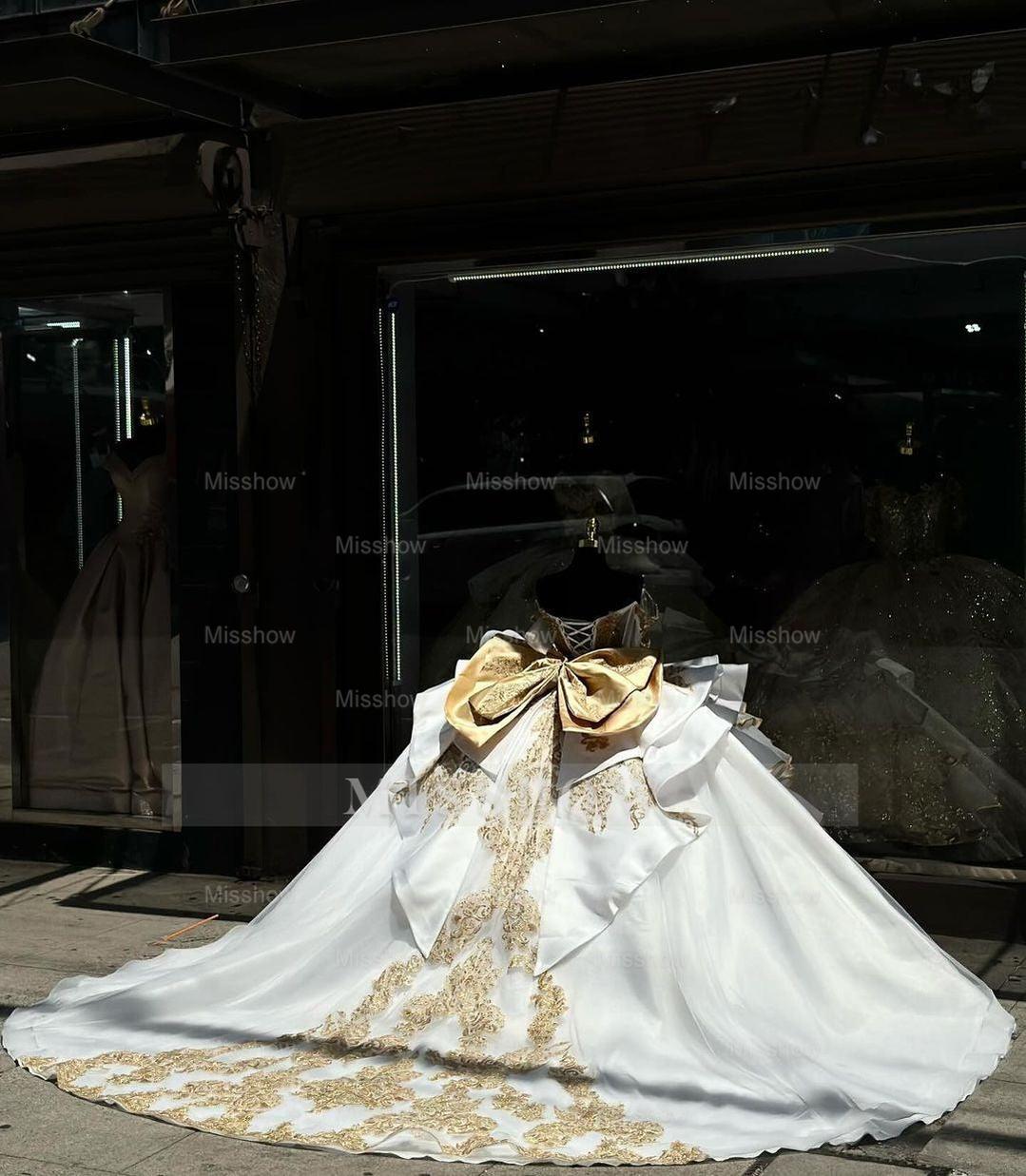 Misshow Exquisite Gold-Beaded Off-Shoulder Ball Gown Tiered Princess Evening Dress for Quinceanera & Sweet 16 Celebrations