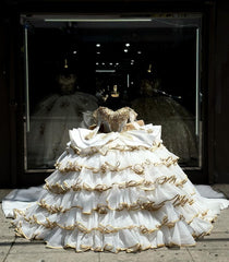 Misshow Exquisite Gold-Beaded Off-Shoulder Ball Gown Tiered Princess Evening Dress for Quinceanera & Sweet 16 Celebrations