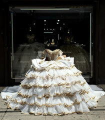 Misshow Exquisite Gold-Beaded Off-Shoulder Ball Gown Tiered Princess Evening Dress for Quinceanera & Sweet 16 Celebrations