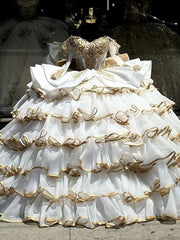 Misshow Exquisite Gold-Beaded Off-Shoulder Ball Gown Tiered Princess Evening Dress for Quinceanera & Sweet 16 Celebrations