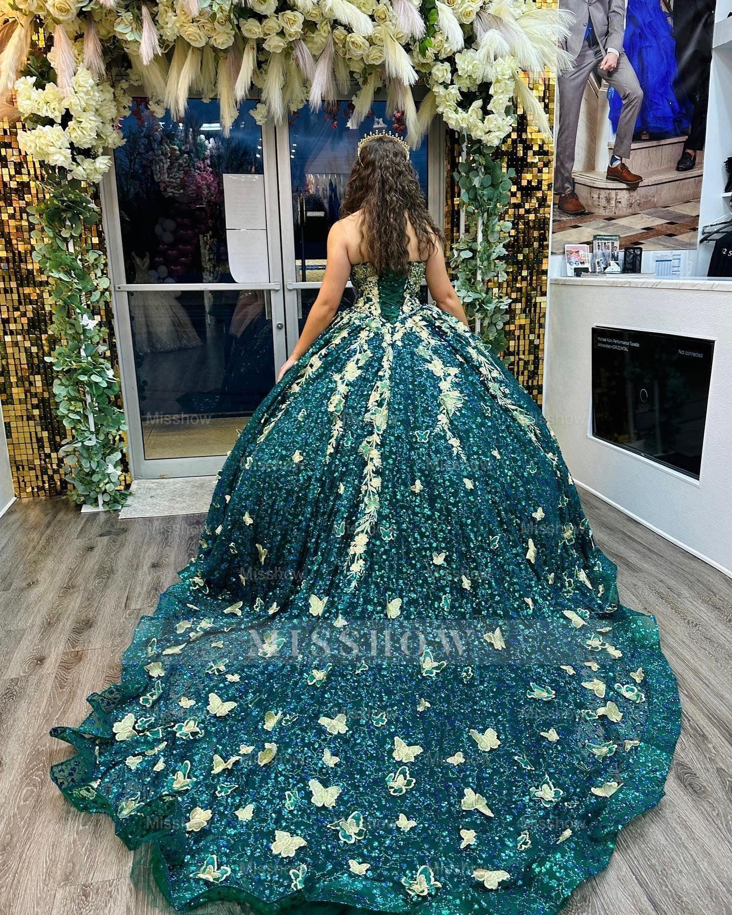 Misshow Exquisite Hunter Green Quinceanera Dress 3D Gold Butterfly Lace Sequined Beading & Tulle Ball Gown for Sweet 16