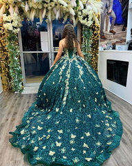 Misshow Exquisite Hunter Green Quinceanera Dress 3D Gold Butterfly Lace Sequined Beading & Tulle Ball Gown for Sweet 16