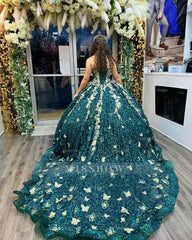 Misshow Exquisite Hunter Green Quinceanera Dress 3D Gold Butterfly Lace Sequined Beading & Tulle Ball Gown for Sweet 16