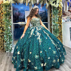 Misshow Exquisite Hunter Green Quinceanera Dress 3D Gold Butterfly Lace Sequined Beading & Tulle Ball Gown for Sweet 16