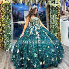 Misshow Exquisite Hunter Green Quinceanera Dress 3D Gold Butterfly Lace Sequined Beading & Tulle Ball Gown for Sweet 16